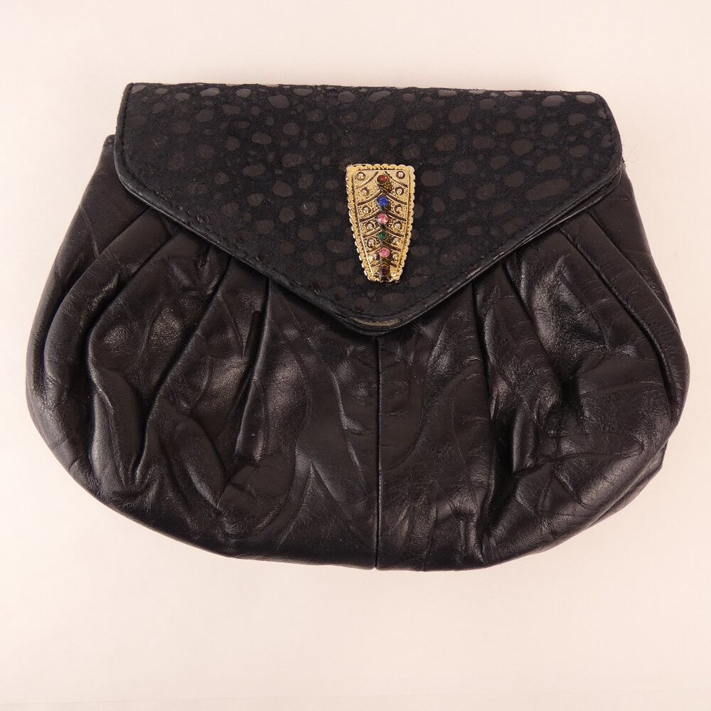 Mimo Sacs Handbag Womens Black Leather Chain Strap Purse Rhinestones Vintage